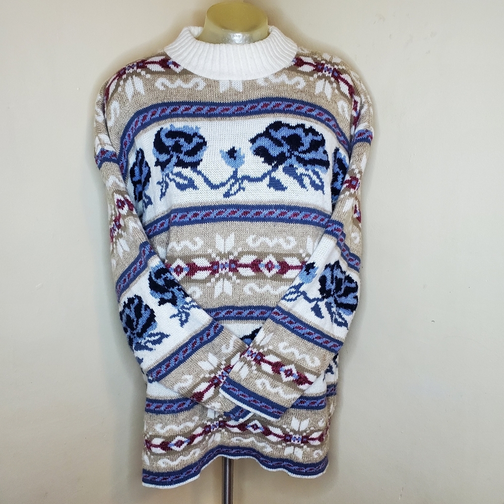 Dana Scott Vintage Fair  Winter Sweater Geometric Floral Large